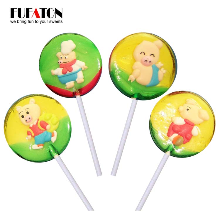 30g Round Lollipop candy with Pig shaped decoration